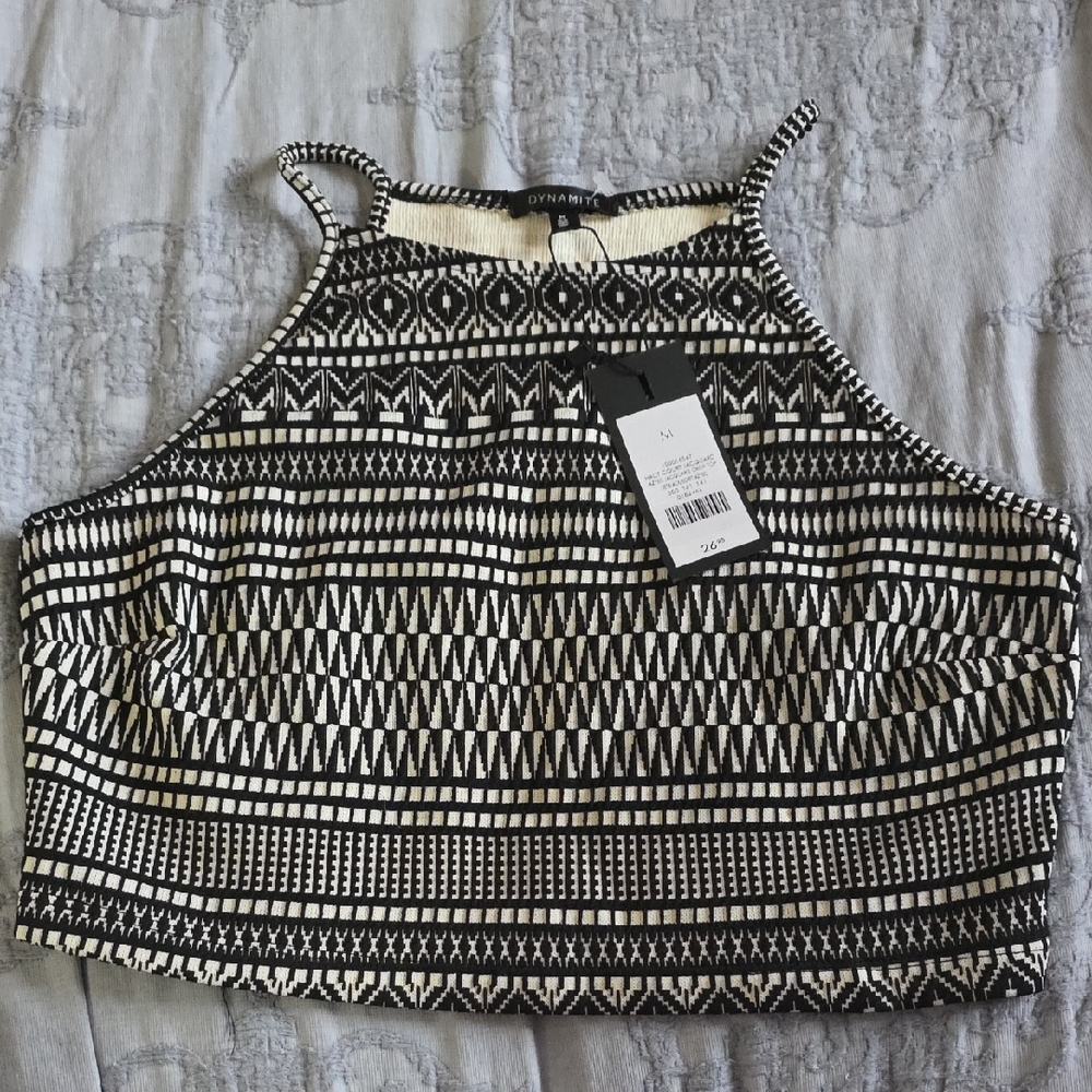 Dynamite Black and Cream Geometric Crop Top